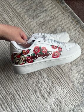 Skechers White Sneakers with Red Rose Graphic